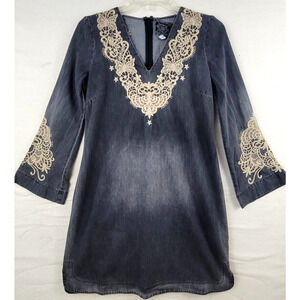 Johnny Was Jade Neema Tunic Dress Size XS Gray Embroidered Boho Lace Applique